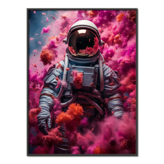 astronaut s růžovým kouřem stoupajícím vzhůru