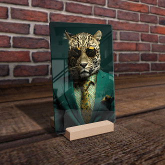 Akrylové sklo leopard v zeleném obleku a kravatě