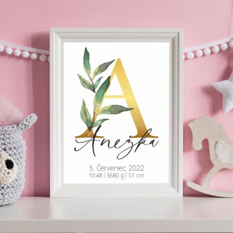 Personalizovatelný plakát Narození miminka - Abeceda "A"