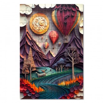 Dřevěné puzzle Papírová krajina - horkovzdušné balóny